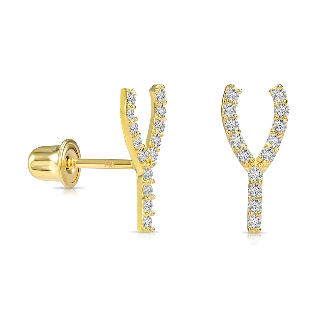 14k Yellow Gold Cubic Zirconia Wishbone Stud Earrings, Screwback