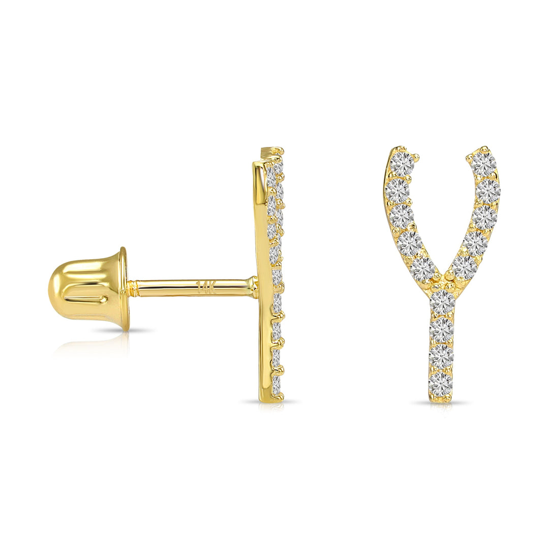 14k Yellow Gold Cubic Zirconia Wishbone Stud Earrings, Screwback