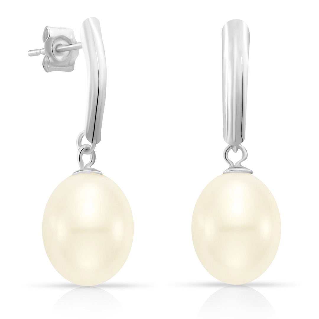 14k Solid White Gold Pearl Dangle Earrings with Butterfly Backings