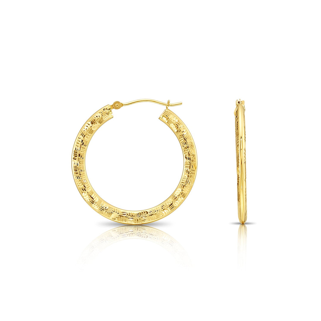 14k Yellow Gold Diamond-Cut Round Flat Hoop Earrings
