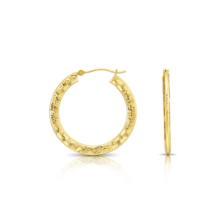 14k Yellow Gold Diamond-Cut Round Flat Hoop Earrings