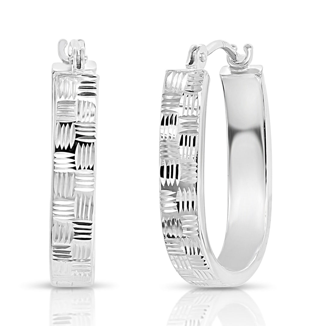 14K White Gold U-Shaped Checkered Diamond Cut Oval Hoops