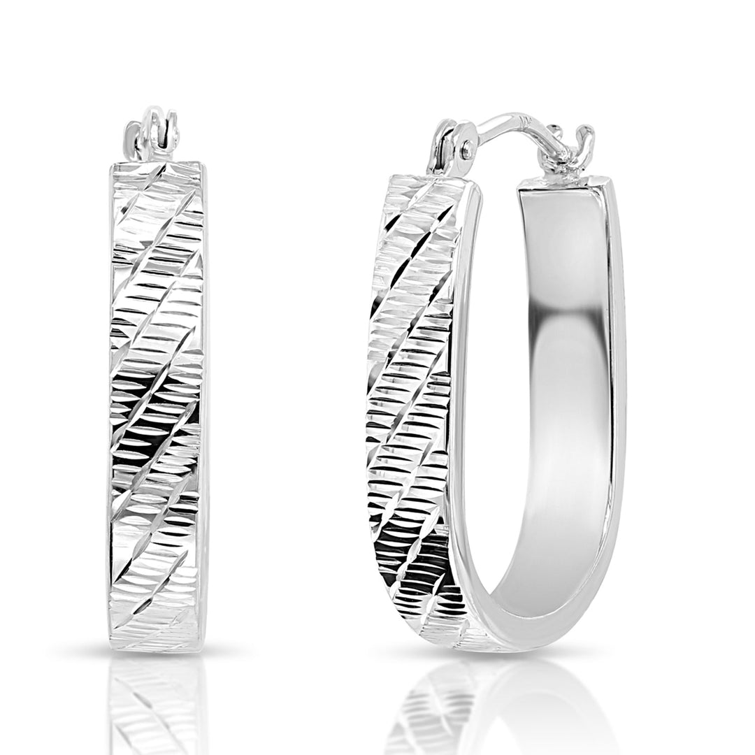 14k White Gold U-Shaped Tornado Diamond Cut Oval Hoops