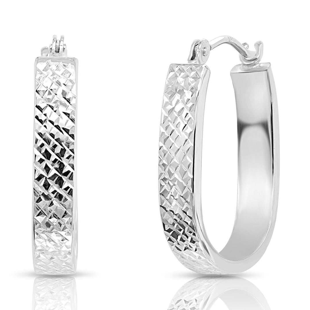 14k White Gold U-Shaped Diamond Cut Oval Hoops