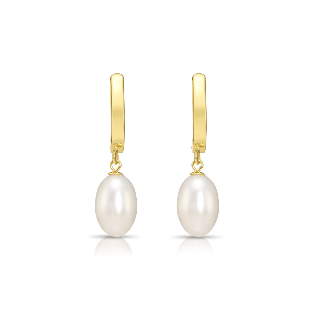 14K Gold Classic Dangle Freshwater Pearl Huggie Earrings