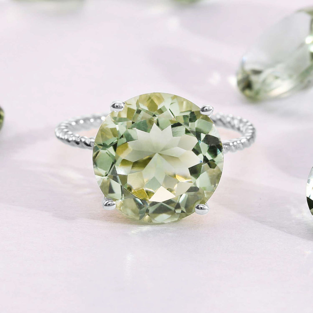 925 Sterling Silver Green Amethyst Quartz Gemstone Ring, 5.6 CTW