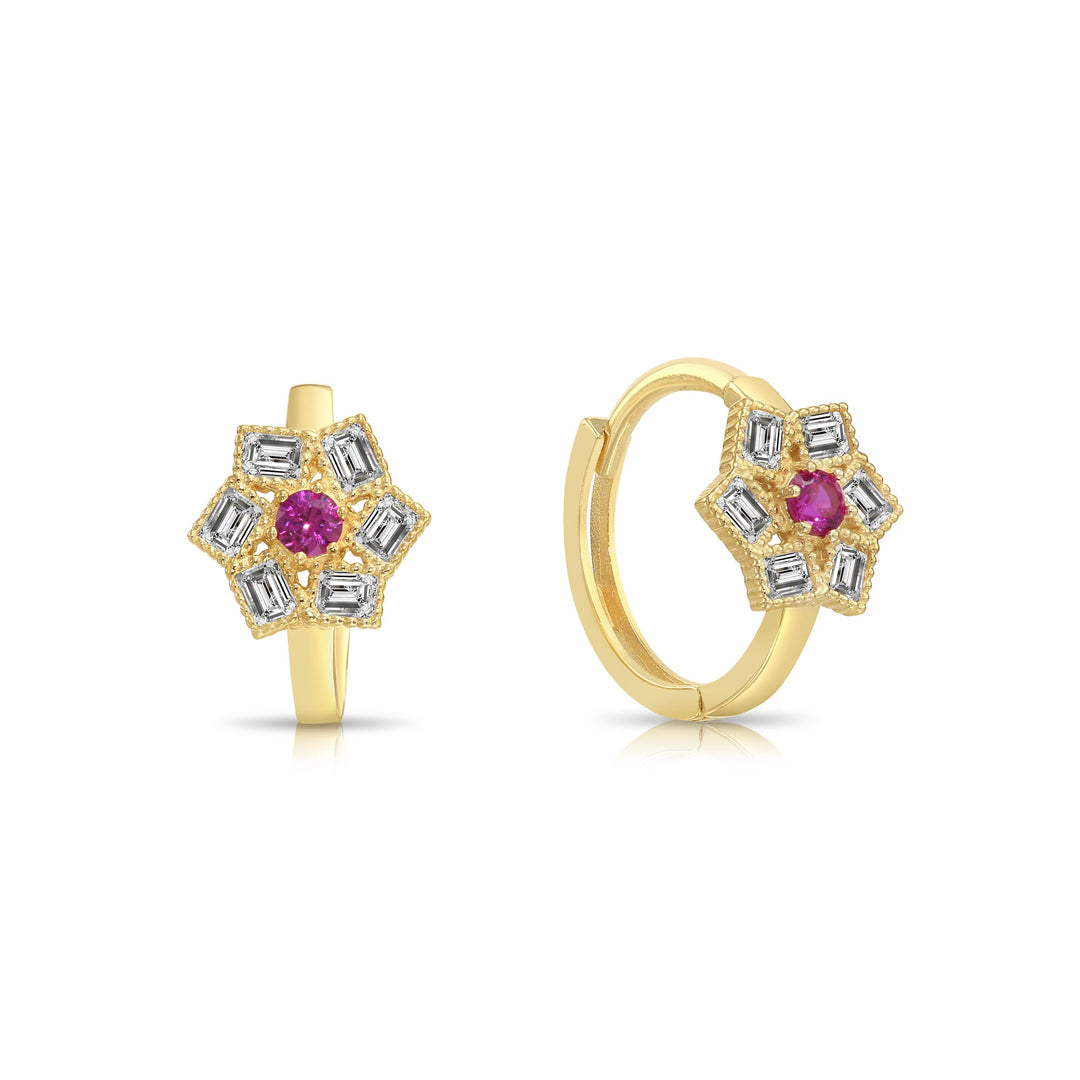 14K Solid Yellow Gold Flower July Birthstone Cubic Zirconia Huggie Hoop Earrings
