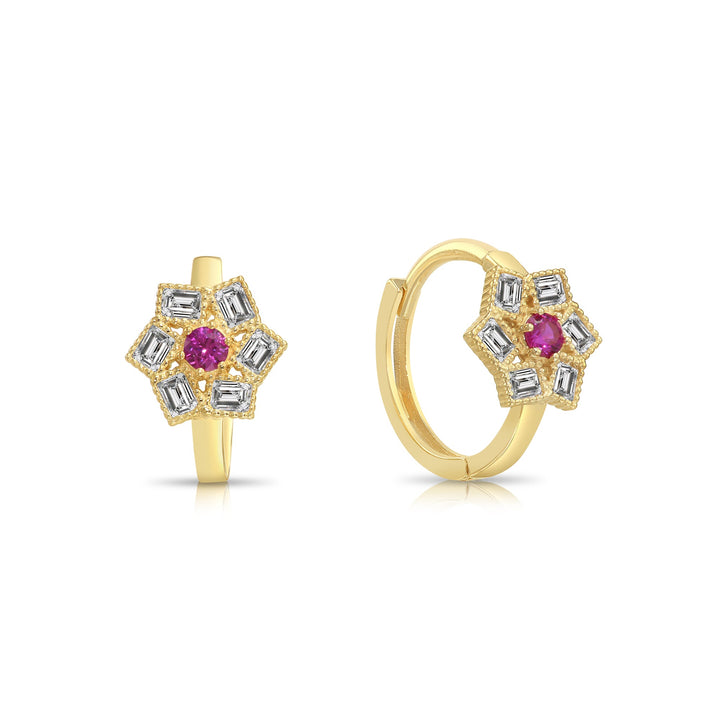 14K Solid Yellow Gold Flower July Birthstone Cubic Zirconia Huggie Hoop Earrings