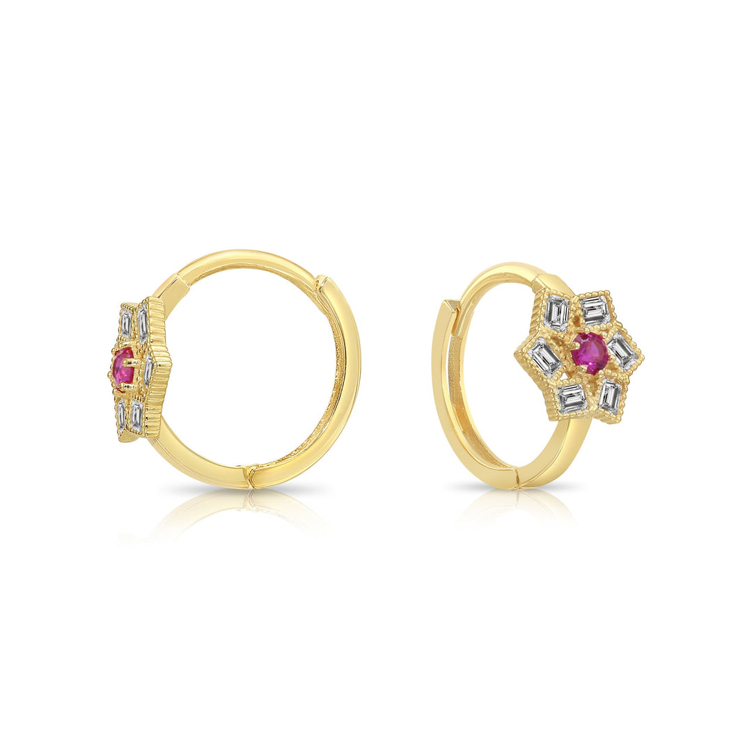 14K Solid Yellow Gold Flower July Birthstone Cubic Zirconia Huggie Hoop Earrings