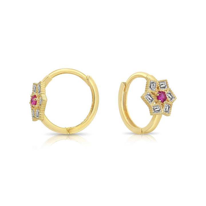 14K Solid Yellow Gold Flower July Birthstone Cubic Zirconia Huggie Hoop Earrings