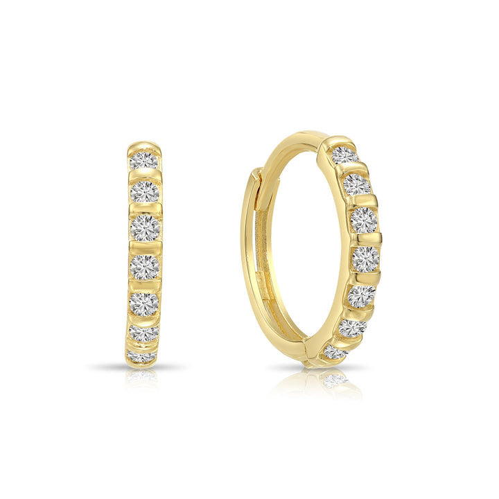 14K Solid Yellow Gold Cubic Zirconia Pave Huggie Hoop Earrings - 12.5mm