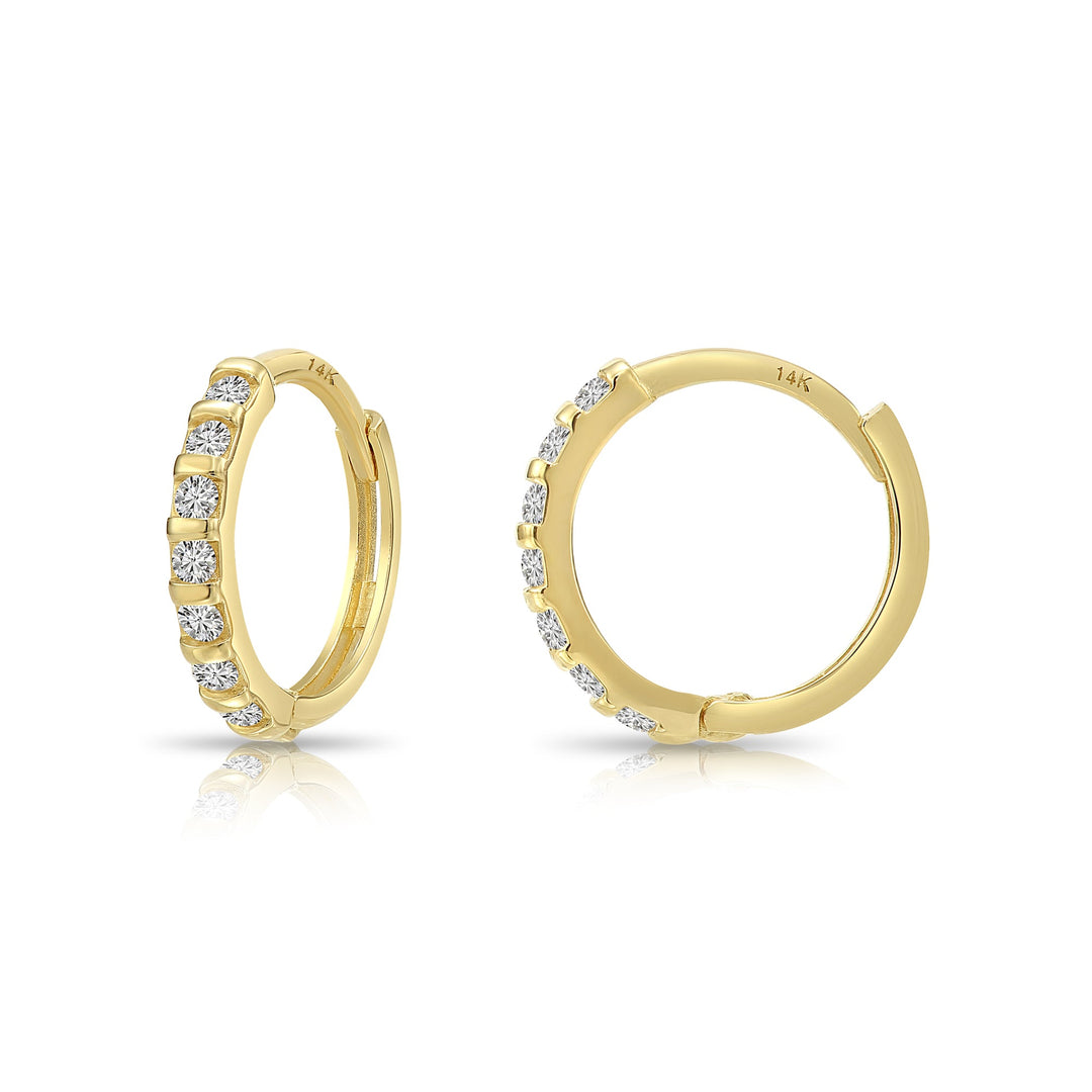 14K Solid Yellow Gold Cubic Zirconia Pave Huggie Hoop Earrings - 12.5mm