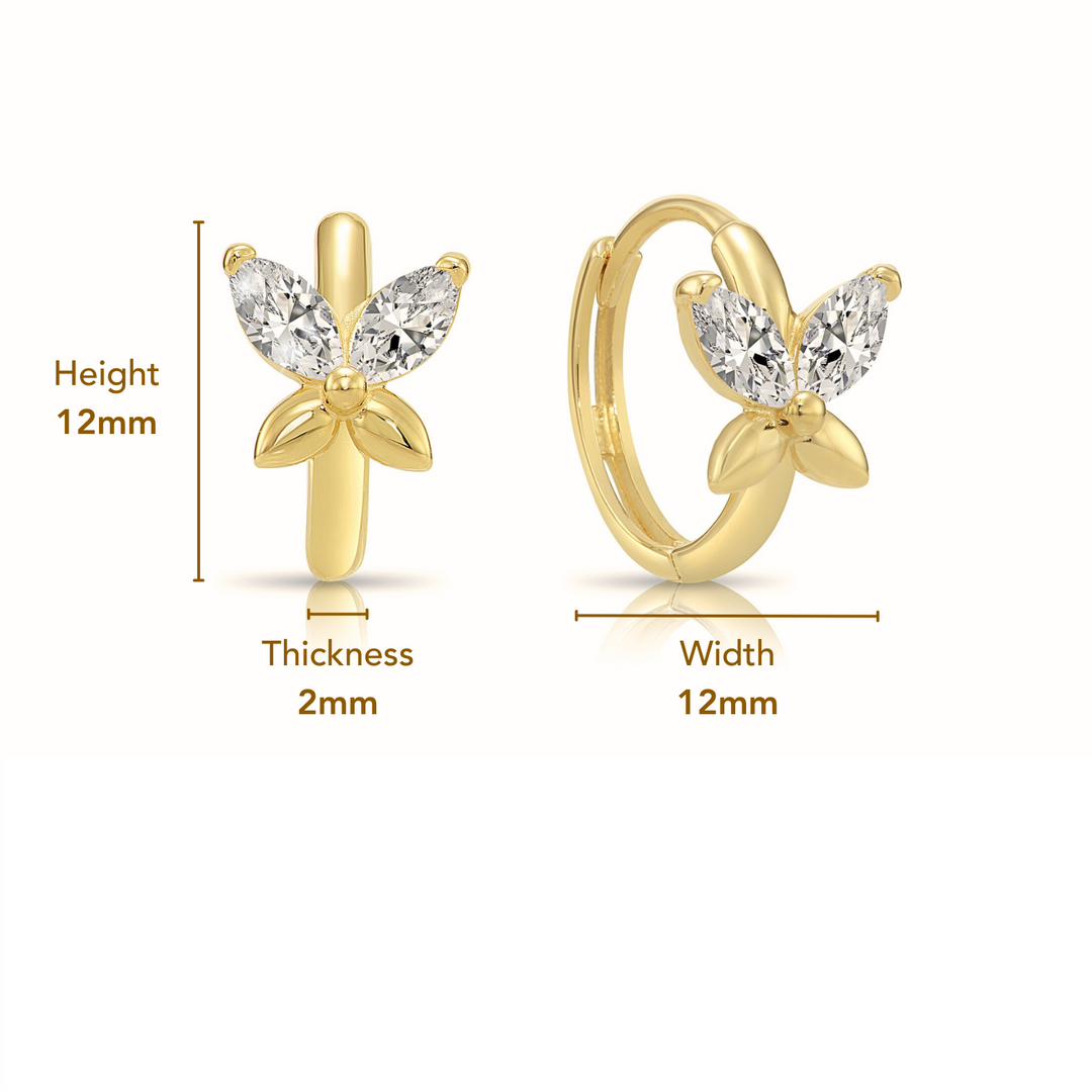 14K Yellow Gold Cubic Zirconia Butterfly Huggie Hoop Earrings, Marquise Cut