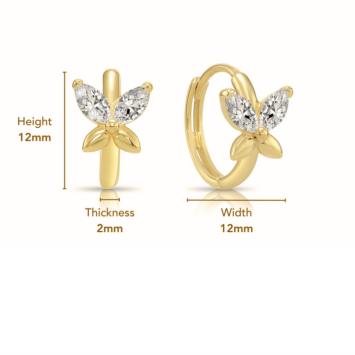 14K Yellow Gold Cubic Zirconia Butterfly Huggie Hoop Earrings, Marquise Cut
