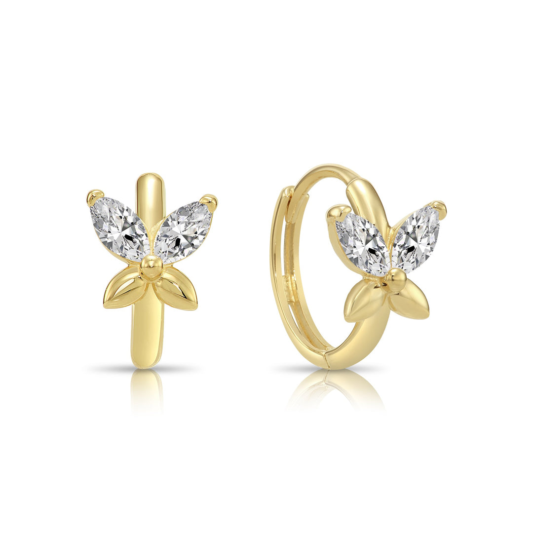 14K Yellow Gold Cubic Zirconia Butterfly Huggie Hoop Earrings, Marquise Cut