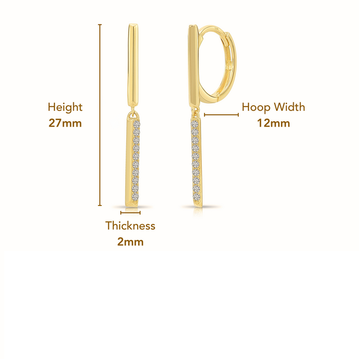14K Yellow Gold Cubic Zirconia Dangle Bar Huggie Hoop Earrings