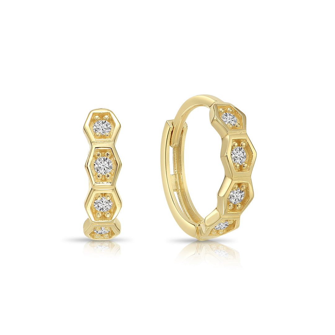 14K Yellow Gold Cubic Zirconia Hexagon Huggie Hoop Earrings, 12mm
