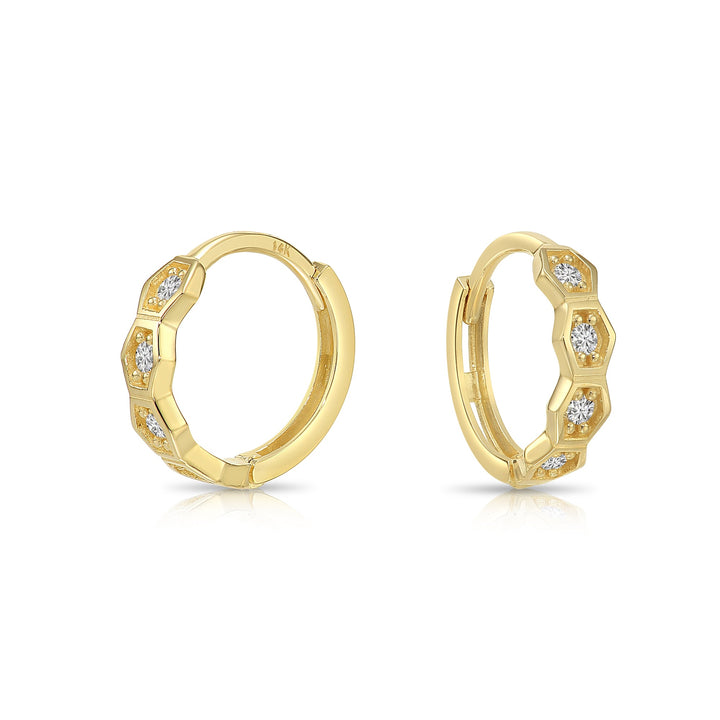 14K Yellow Gold Cubic Zirconia Hexagon Huggie Hoop Earrings, 12mm