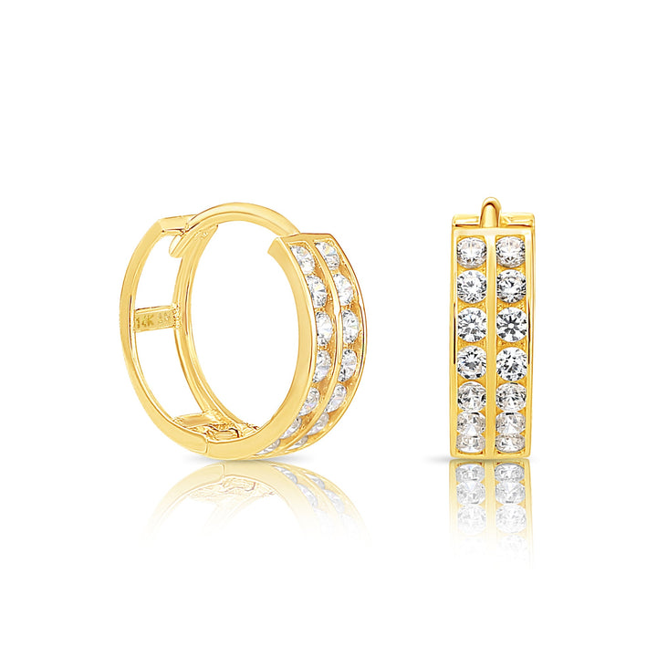 14K Yellow Gold Cubic Zirconia Huggie Hoop Earrings with Double Row Cubic Zirconia - 11.5mm