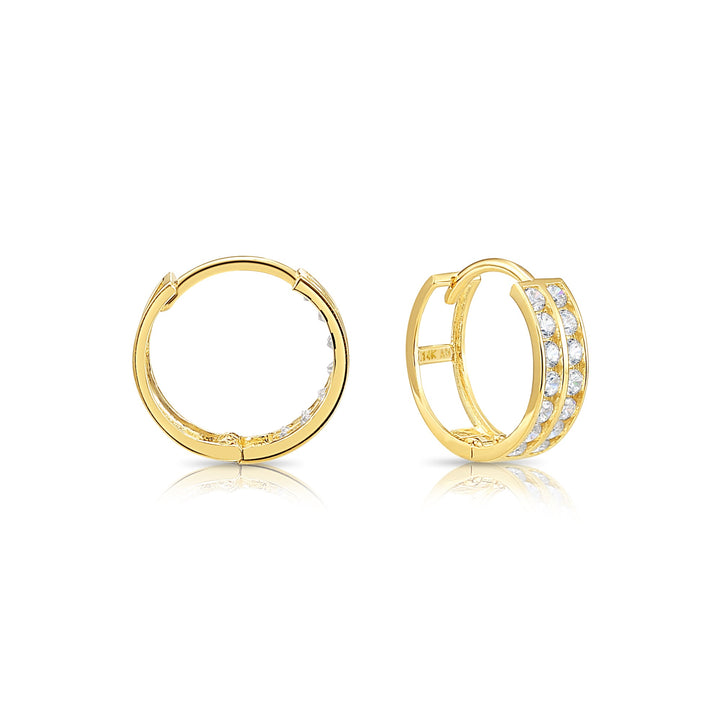 14K Yellow Gold Cubic Zirconia Huggie Hoop Earrings with Double Row Cubic Zirconia - 11.5mm