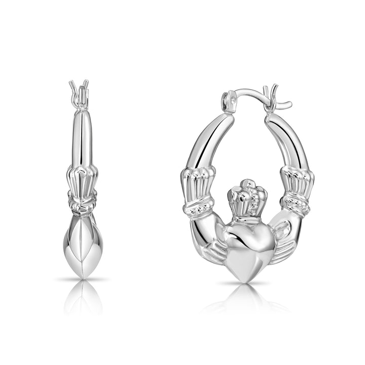 925 Sterling Silver Heart & Crown Claddagh Hoops