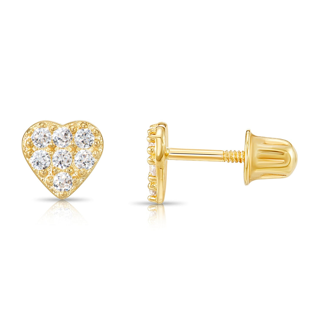 14k Gold Cubic Zirconia Heart Stud Earrings, Screwback