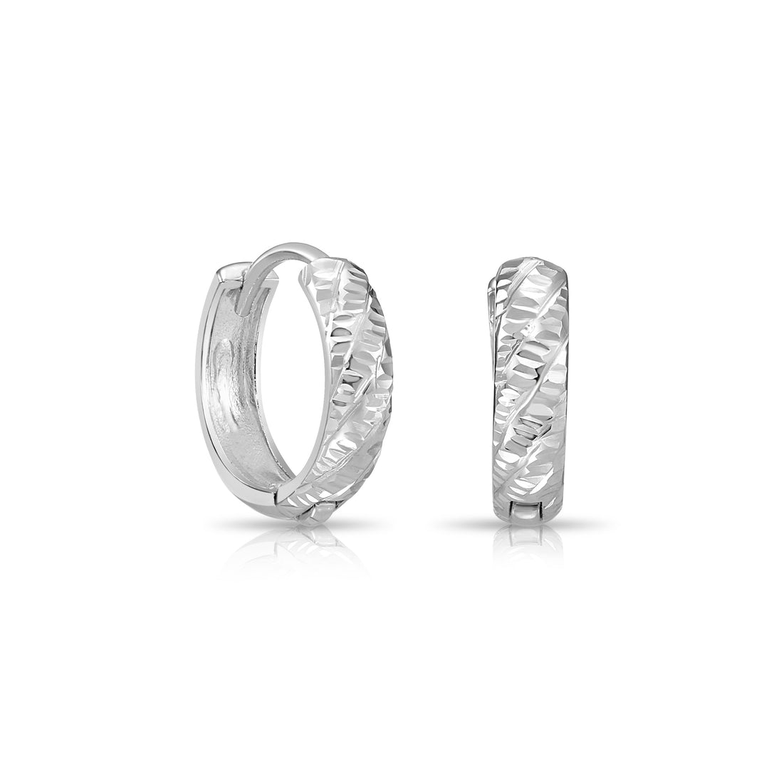 14K Solid Gold Textured Huggie Hoop Earrings - Tornado Design - 12mm