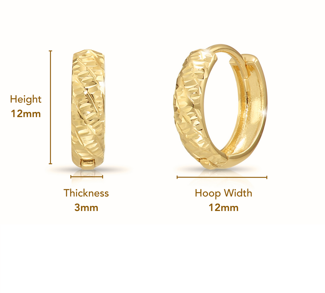 14K Solid Gold Textured Huggie Hoop Earrings - Tornado Design - 12mm