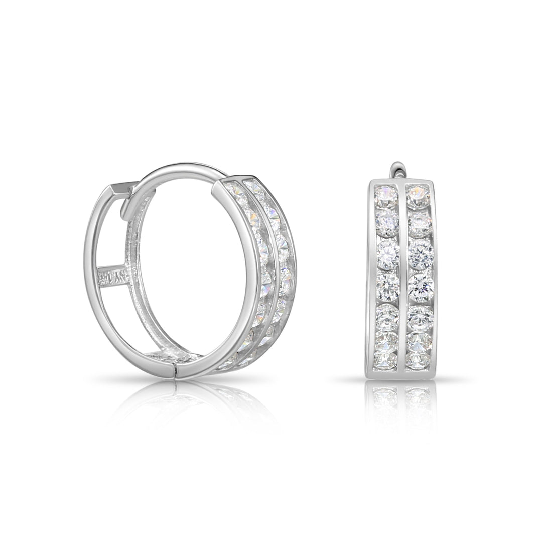 14K Yellow Gold Cubic Zirconia Huggie Hoop Earrings with Double Row Cubic Zirconia - 11.5mm
