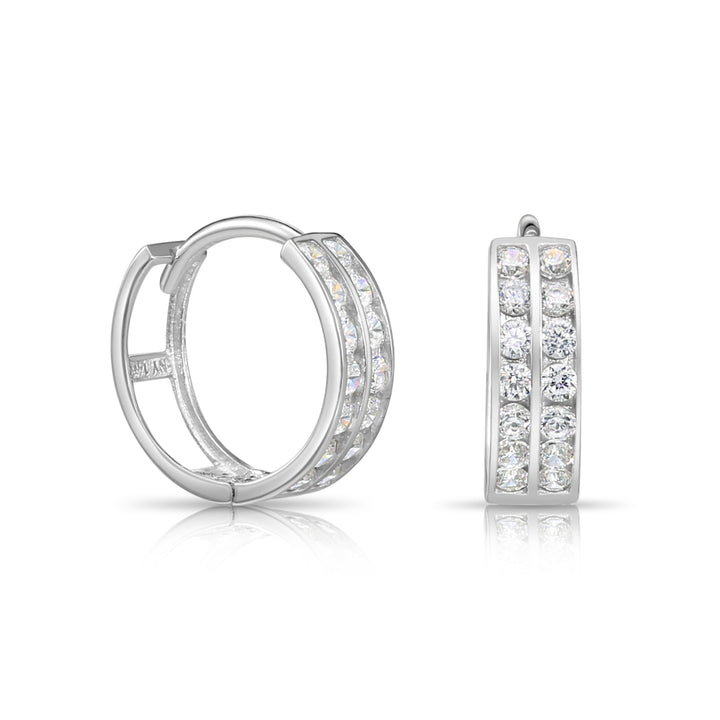 14K Yellow Gold Cubic Zirconia Huggie Hoop Earrings with Double Row Cubic Zirconia - 11.5mm