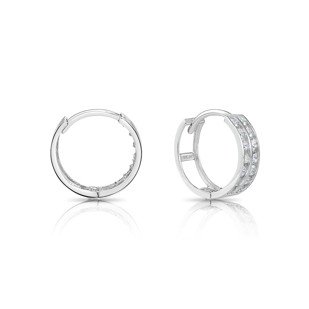 14K Yellow Gold Cubic Zirconia Huggie Hoop Earrings with Double Row Cubic Zirconia - 11.5mm