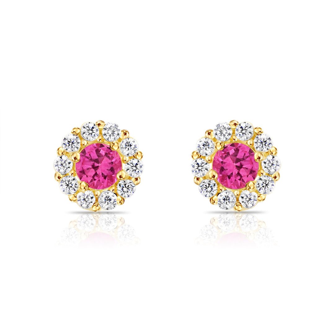 14k Gold Cubic Zirconia Halo Birthstone Stud Earrings - Screwback - S92-4