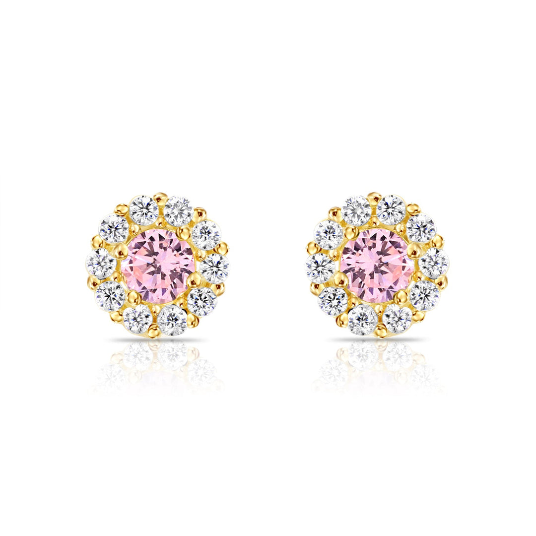 14k Gold Cubic Zirconia Halo Birthstone Stud Earrings - Screwback - S92-4