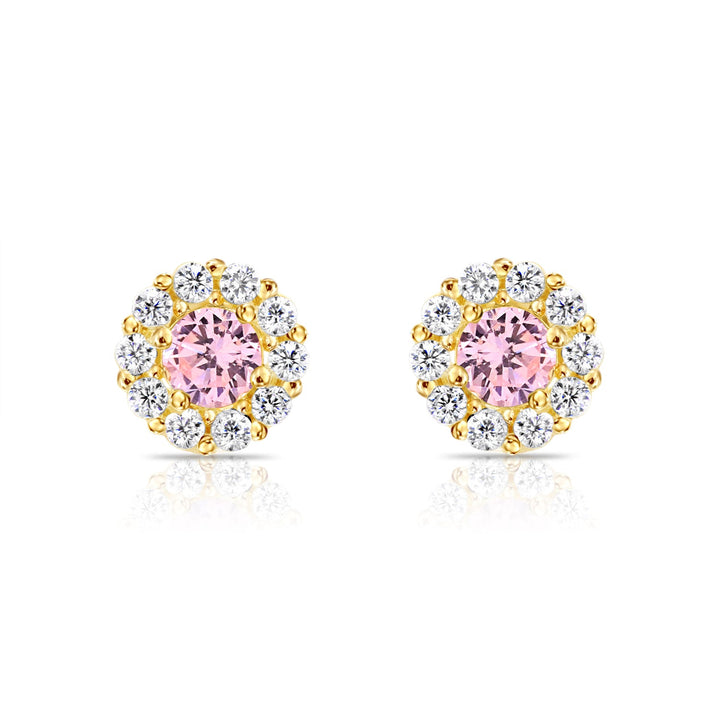 14k Gold Cubic Zirconia Halo Birthstone Stud Earrings - Screwback - S92-4