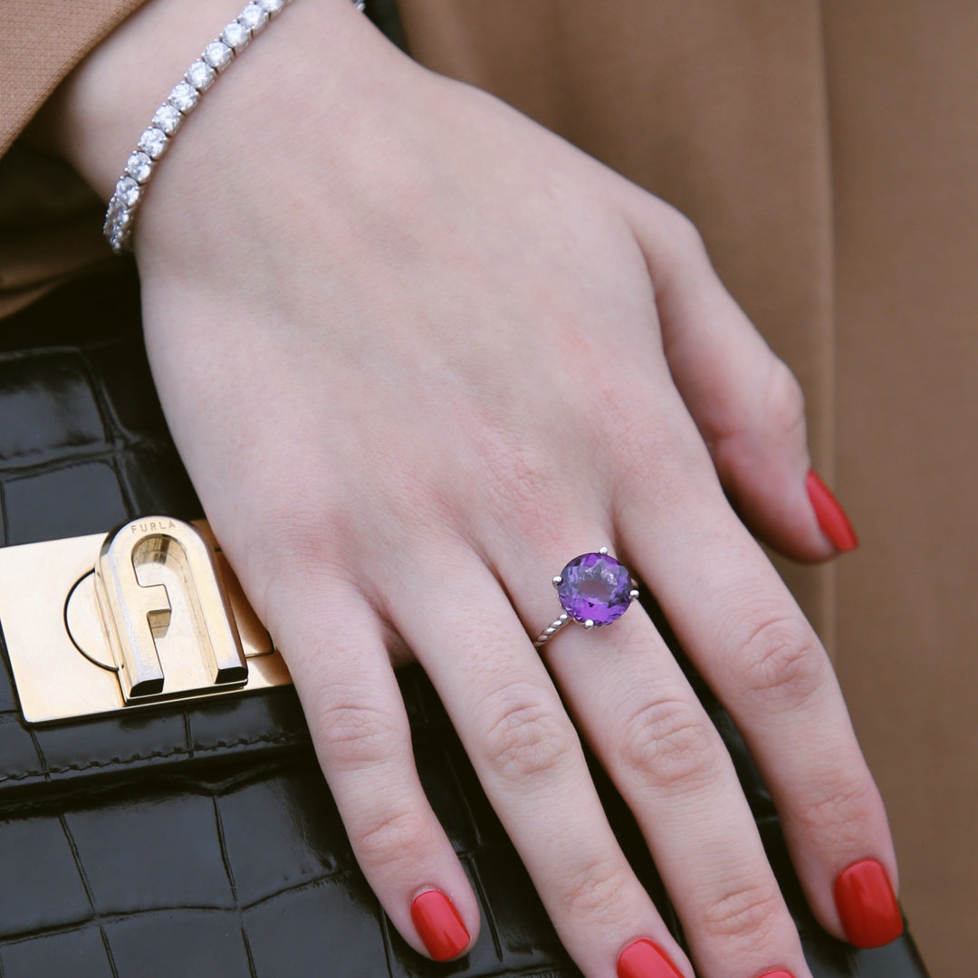 925 Sterling Silver 5ct Amethyst Rope Accent Ring - 12MM