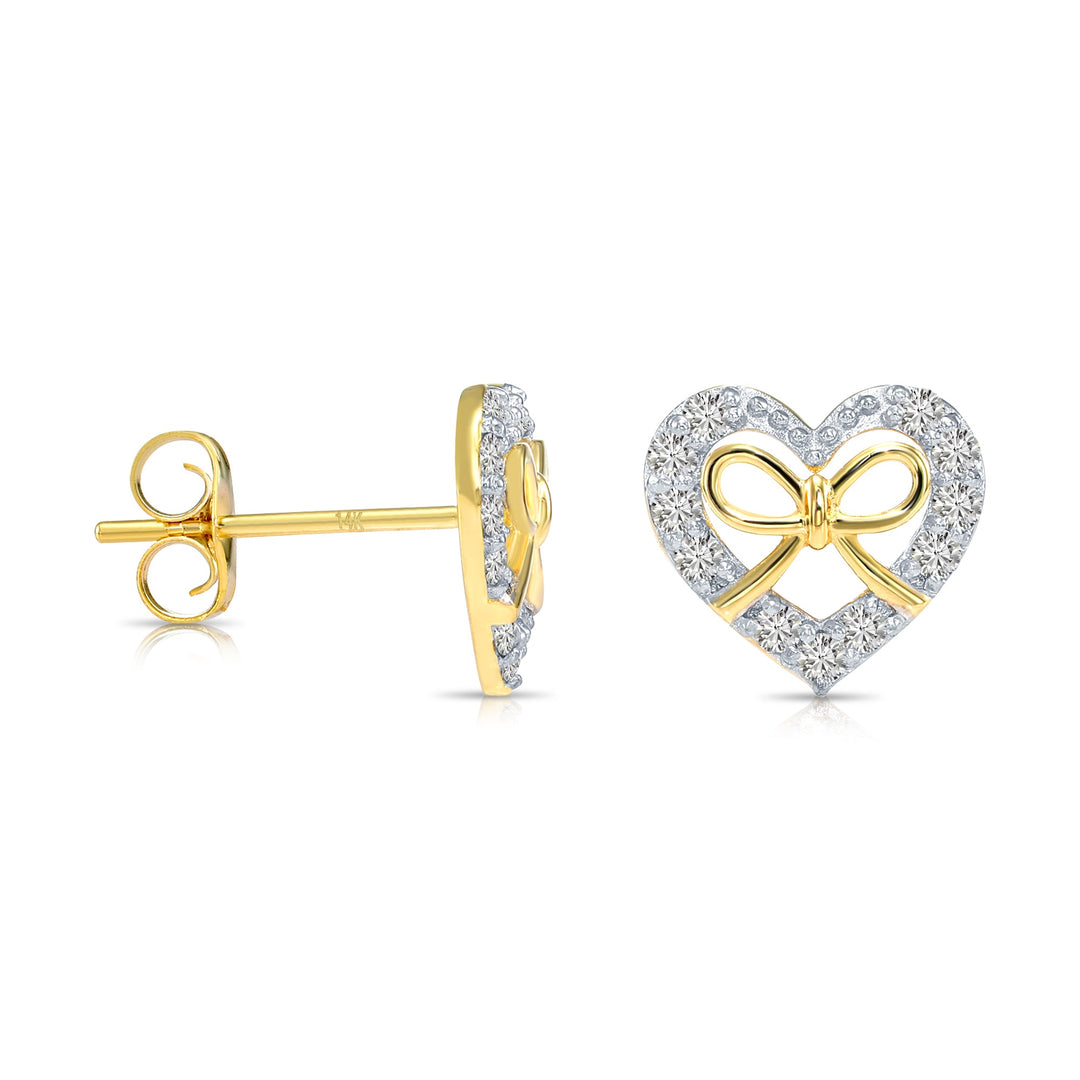 14k Gold Halo Heart set in Lab Diamonds with Bow Stud Earrings - Push Backs