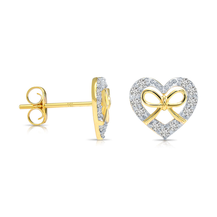 14k Gold Halo Heart set in Lab Diamonds with Bow Stud Earrings - Push Backs