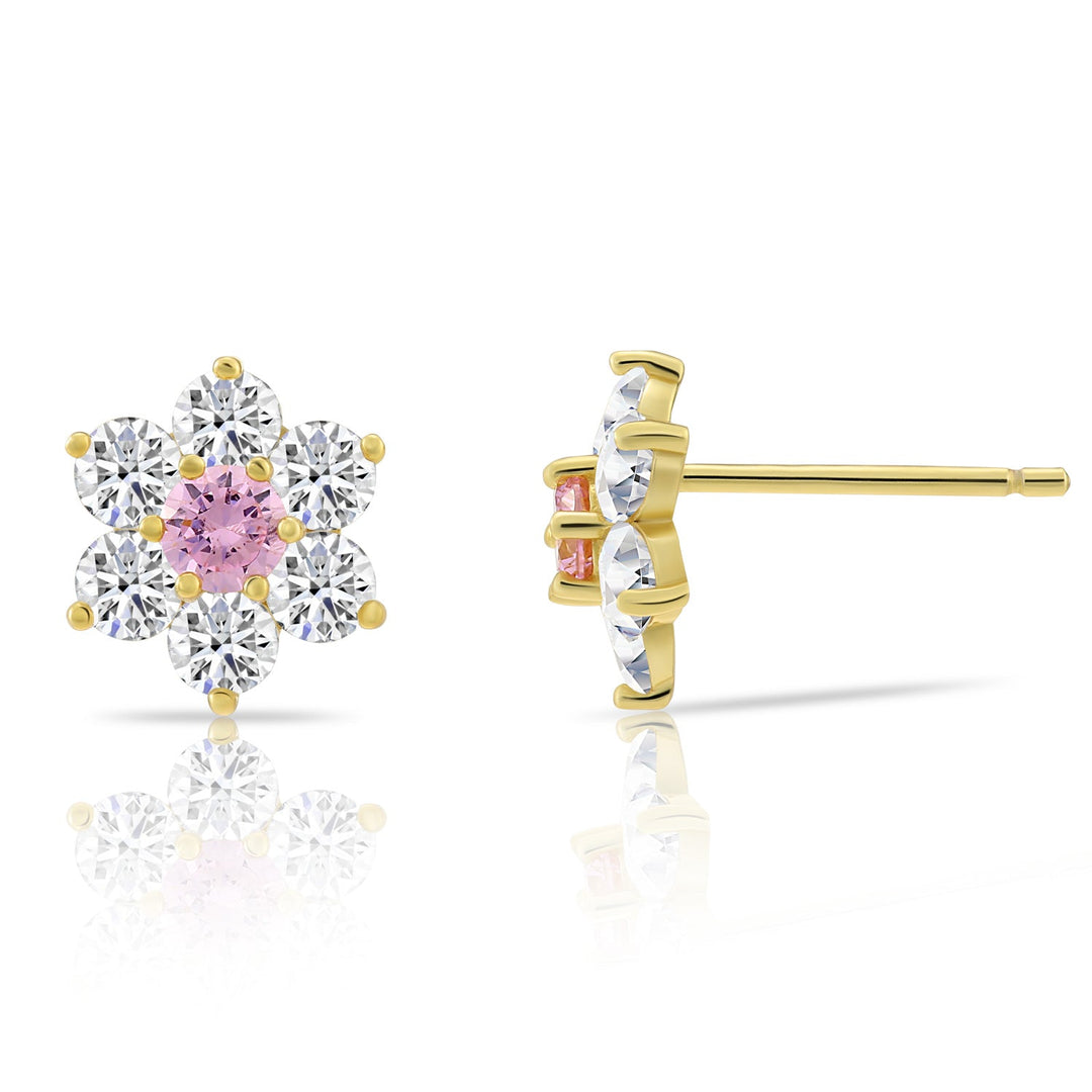 Sterling Silver Cubic Zirconia Birthstone Gold Plated Flower Stud Earrings