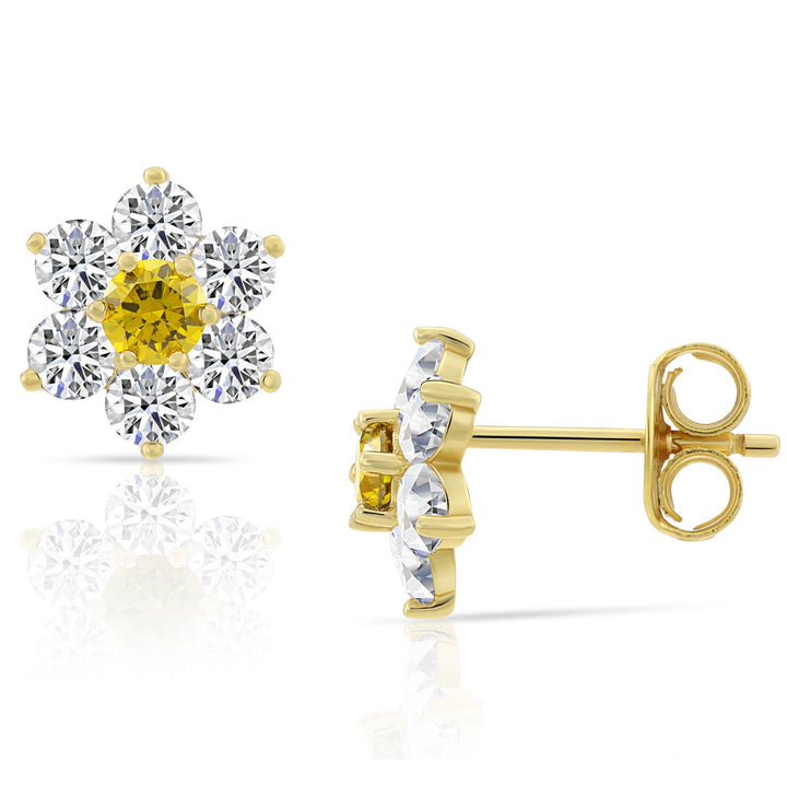 Sterling Silver Cubic Zirconia Birthstone Gold Plated Flower Stud Earrings