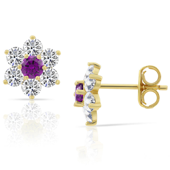 Sterling Silver Cubic Zirconia Birthstone Gold Plated Flower Stud Earrings