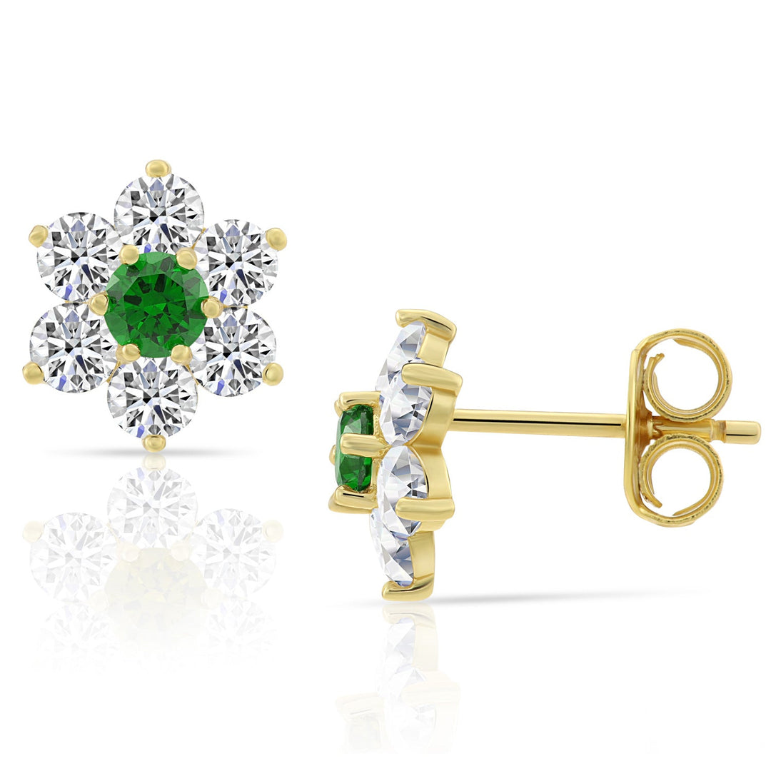 Sterling Silver Cubic Zirconia Birthstone Gold Plated Flower Stud Earrings