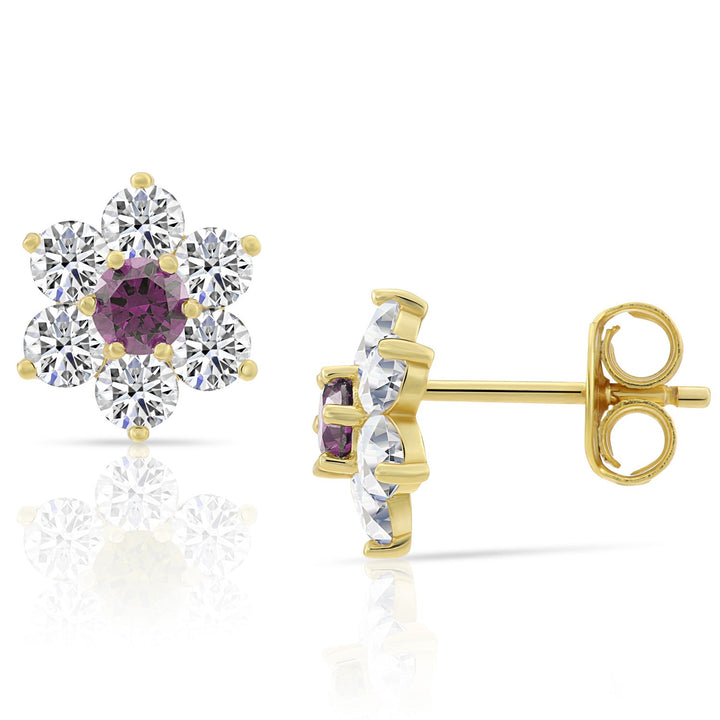 Sterling Silver Cubic Zirconia Birthstone Gold Plated Flower Stud Earrings