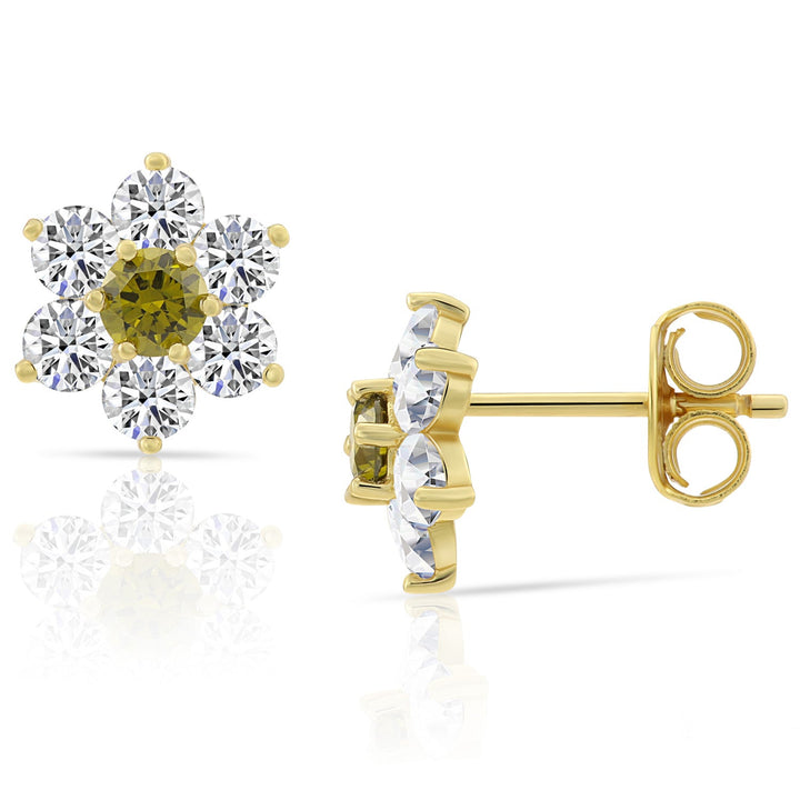 Sterling Silver Cubic Zirconia Birthstone Gold Plated Flower Stud Earrings