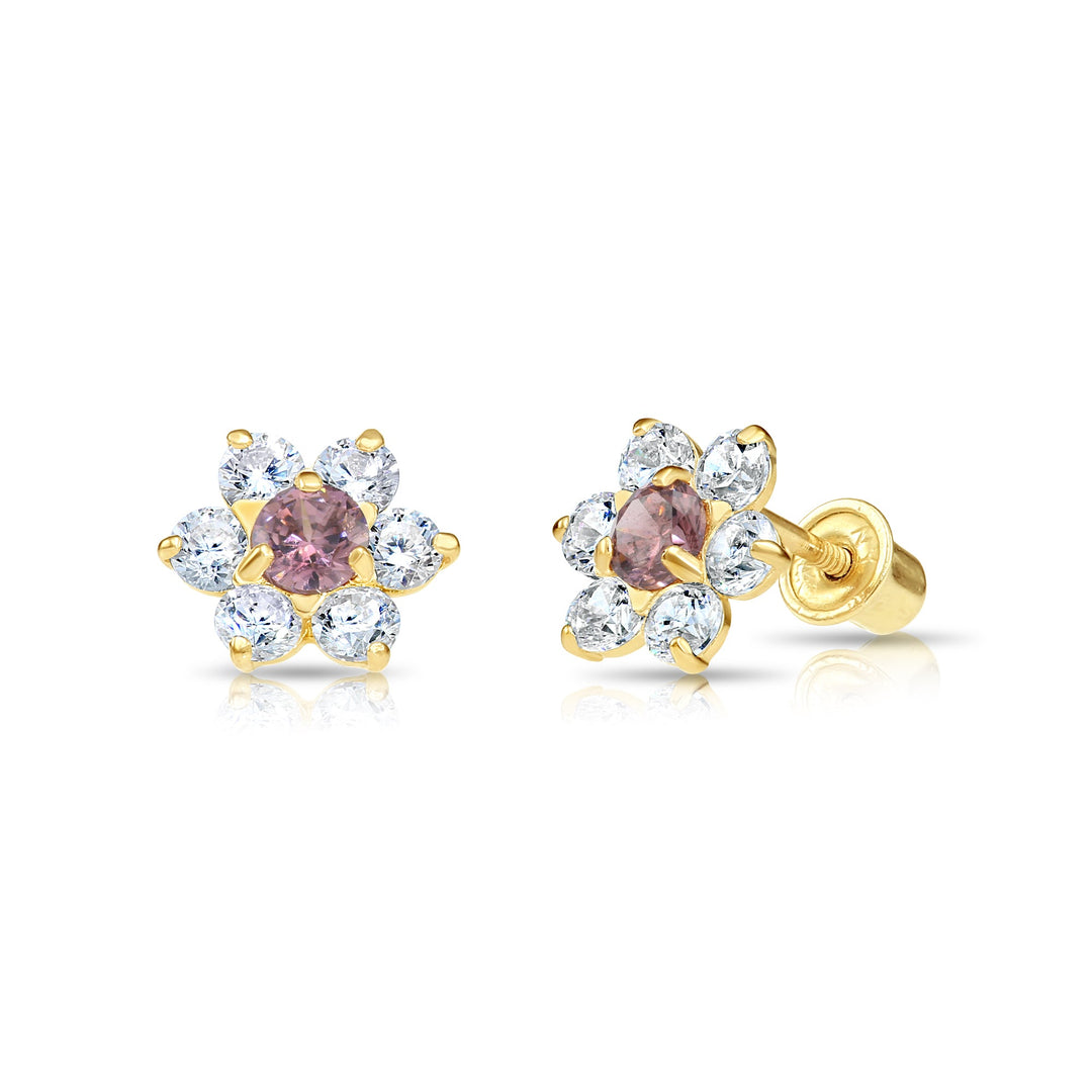 14k Yellow Gold Cubic Zirconia Large Flower Birthstone Stud Earrings | 19-25 to 19-36