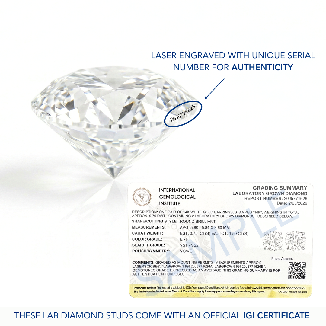 1.50 CTW IGI CERTIFIED - Lab Diamond Solitaire Stud Earrings in 14k White Gold - Screwback