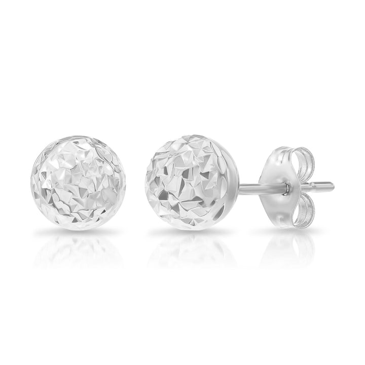 14K White Gold Diamond-Cut Pushback Ball Stud Earrings