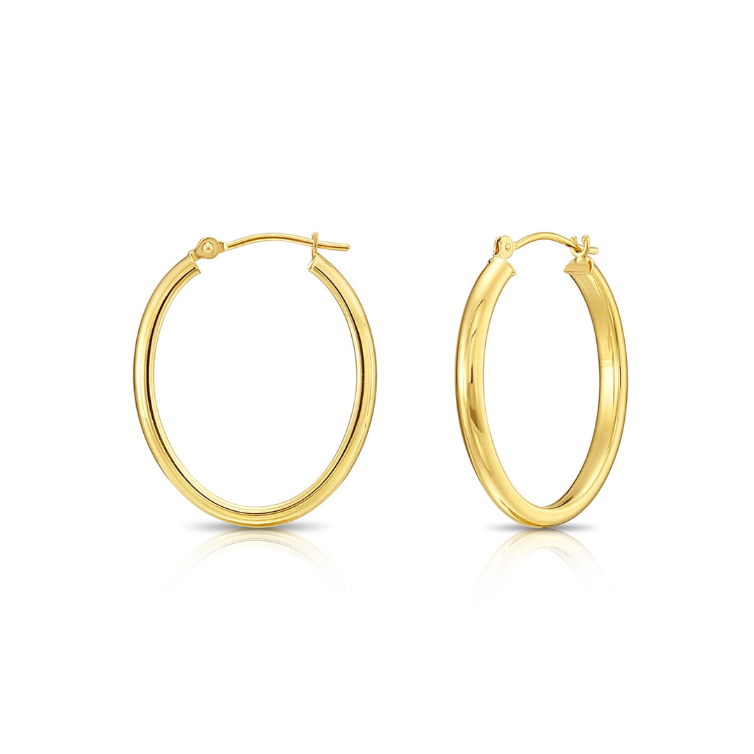 14K Yellow Gold Oval Half Round Hoops Earrings