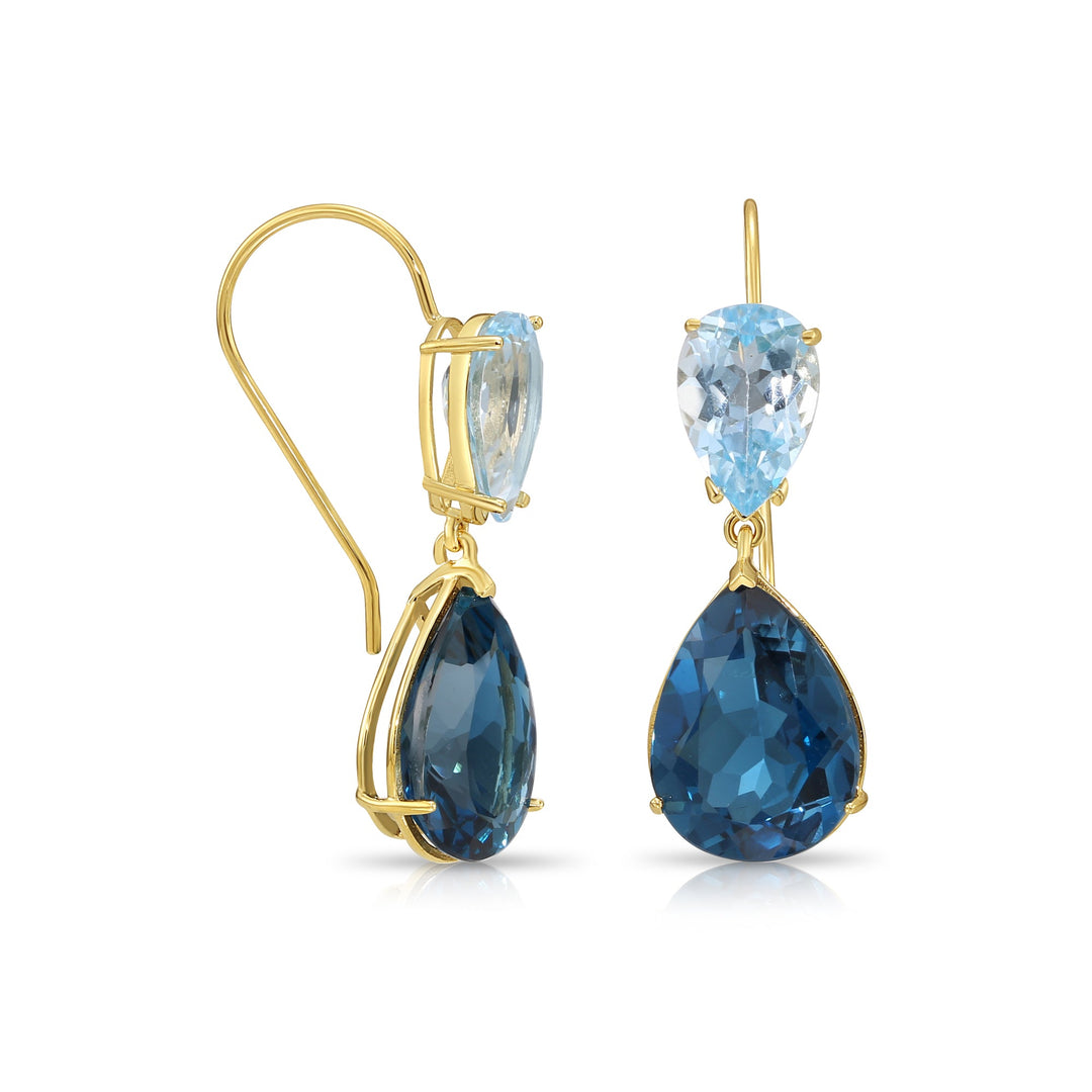 14K Yellow Gold 26 CTW London Blue and Sky Blue Topaz Gemstone Pear Shape Dangle Earrings
