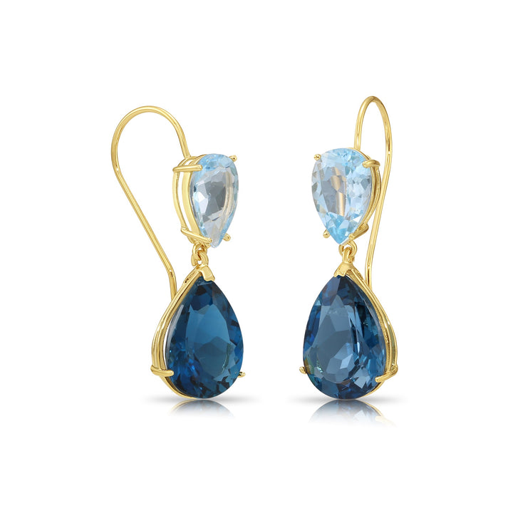 14K Yellow Gold 26 CTW London Blue and Sky Blue Topaz Gemstone Pear Shape Dangle Earrings