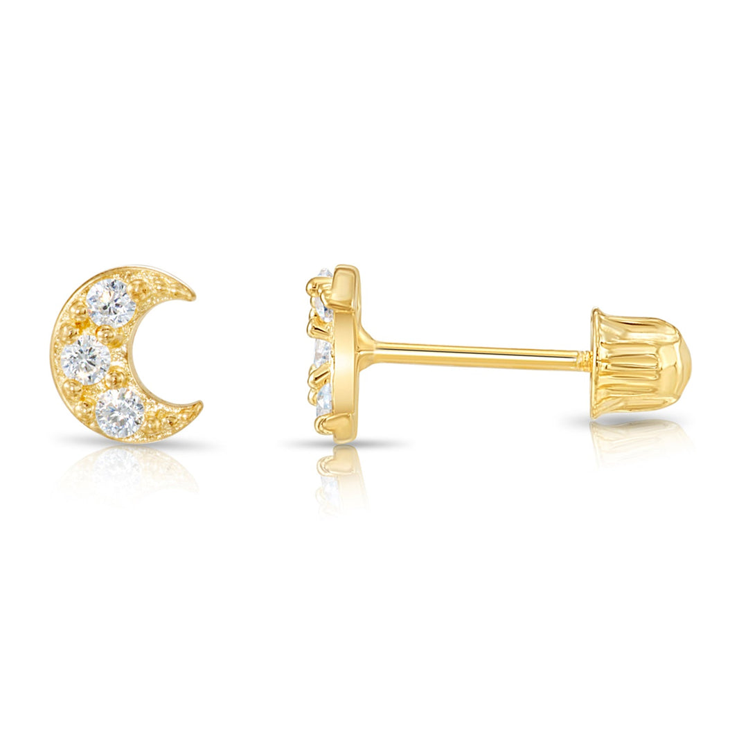 14k Gold Cubic Zirconia Cresent Moon Stud Earrings, Screwback